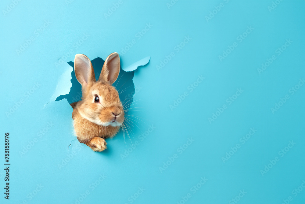 An adorable rabbit peeks through a blue paper wall with copy space.