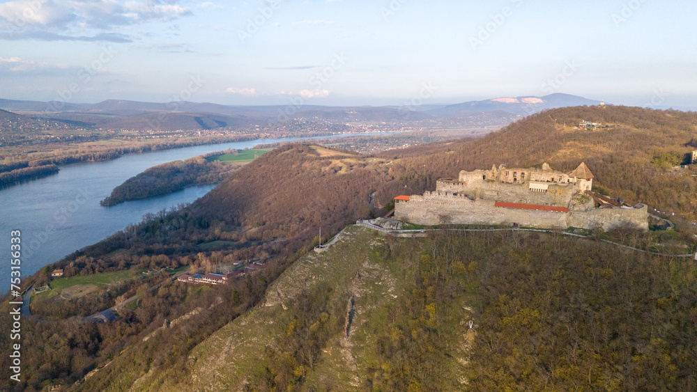 Aerial photos of the Visegrad Castle in Hungary on a sunny winter day.
Drone Photo, Visegrádi Fellegvár, Visegrad Castle, Duna, Danube, Sunny Winter Day