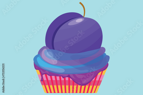 cupcakes with fresh cherry plum.Hand drawn watercolor illustration.