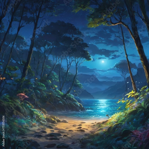 Moonlit Tropical Beach With Lush Forest and Glowing Sea at Night