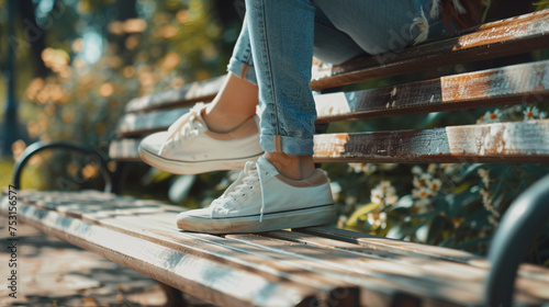 A chic young woman relaxing on a park bench, her trendy shoes adding a touch of urban flair to her casual outfit as she enjoys the sunshine.