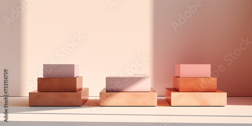 Clean, contemporary geometric podiums in sunlight with shadows on white backdrop for showcasing products. © Vusal