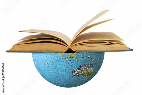 Southern hemisphere of the globe with an open book where Australia: bookrest concept. The southern hemisphere of the earth supports global book reading.