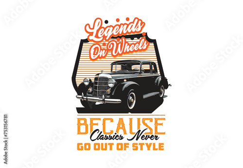 T-shirt label with illustration of vintage fire truck.