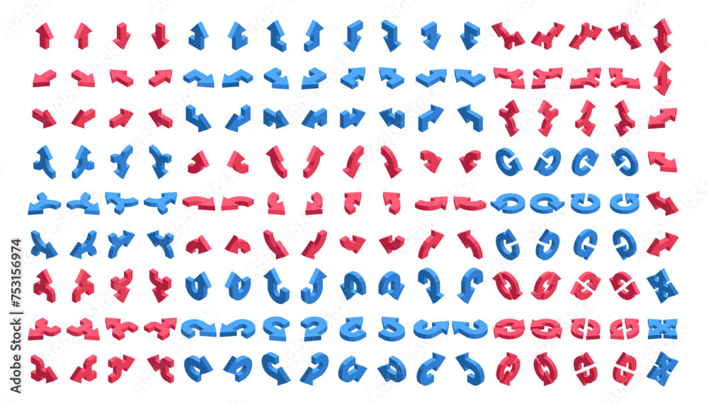 isometric set of arrows, in color on a white background, pointers for infographics and design
