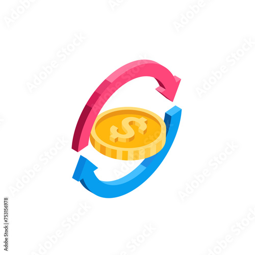 isometric arrows around a coin with the dollar icon, in color on a white background, currency exchange
