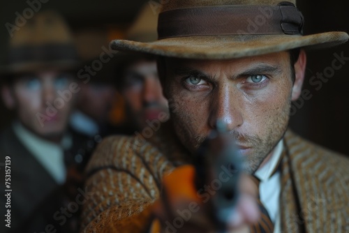 Man in tweed and hat aiming a pistol with partners in soft focus at the background