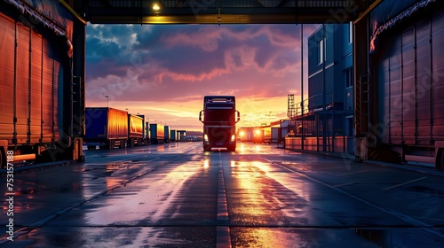 A truck waits in a logistic center for goods and loading