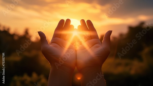 A sunset on a background of the lifted female hands, Hands holding the sun at dawn, Decline in hands, generative ai