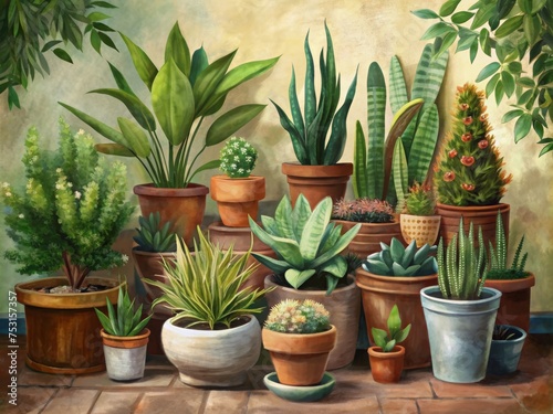 A collection of vibrant potted plants in terracotta pots against a textured wall.
