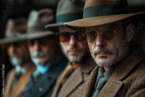 Men in cohesive vintage clothing, with focus on the front man's determined expression
