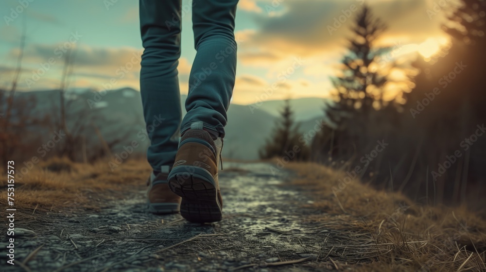 Close up of hikers boots enjoying sunset at the top of the mountains with copy space, generative ai Close up of hikers boots enjoying sunset at the top of the mountains with copy space, generative ai