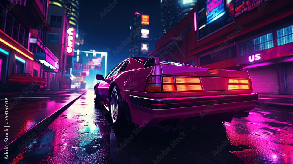 Futuristic car on the cybeprunk street in blue and purple synthwave colors. Cool retro supercar on synthwave street. - obrazy, fototapety, plakaty 