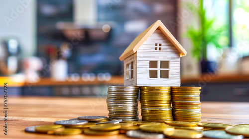 Tiny house on a stack of coins. Household budget, real estate investment, and savings