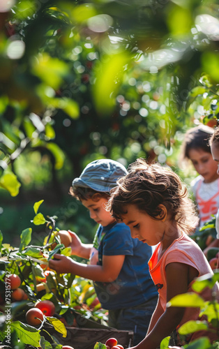 Children in the apple orchard harvesting, child gardening in the rays of the setting sun