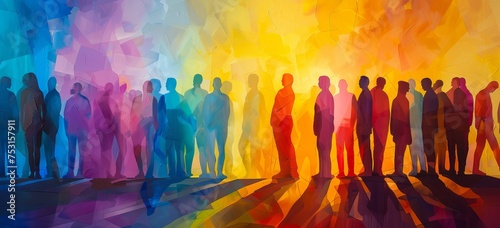 Painting of people standing in colored shapes