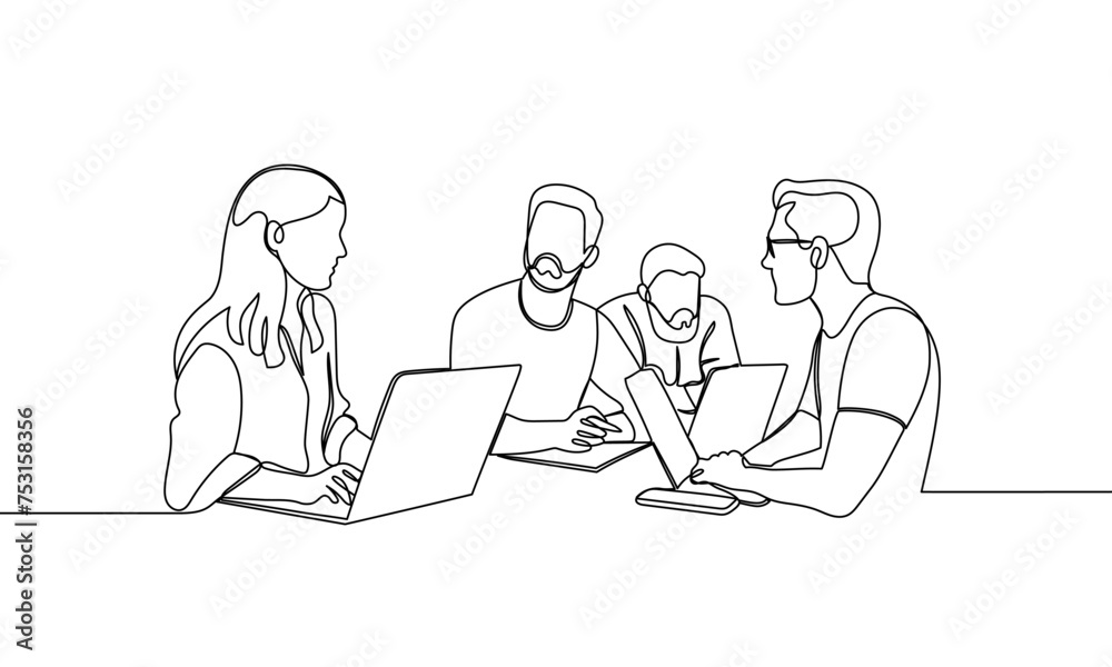 Continuous line of office workers, business team, at a business meeting with laptops. One line vector illustration Continuous line of office workers, business team, at a business meeting with laptops. One line vector illustration