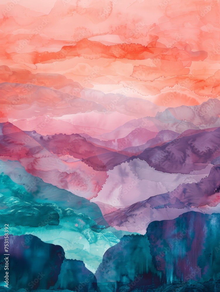 A painting depicting a grand mountain range under a sunset sky, with vivid colors reflecting off the peaks and valleys.