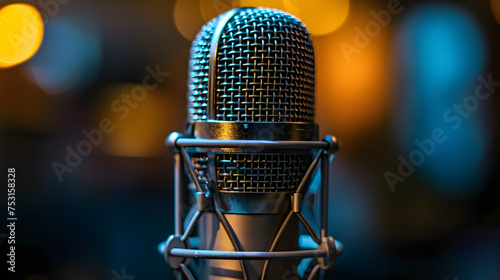 Close-up photo of microphone in studio. Podcast or interview recording concept