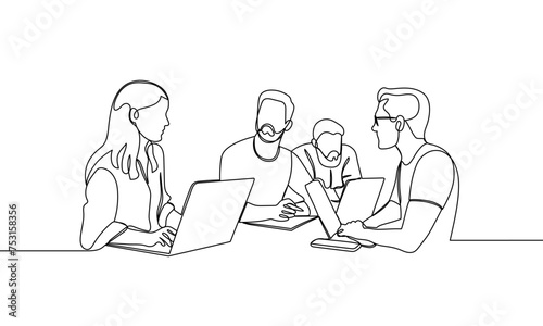 Continuous line of office workers, business team, at a business meeting with laptops. One line vector illustration