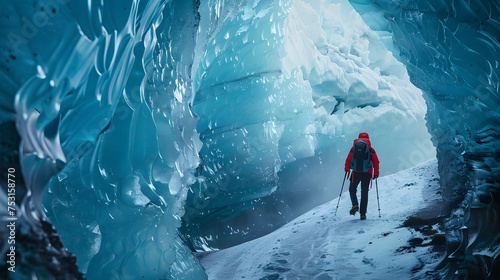 Hiker exploring ice cave, iceland 