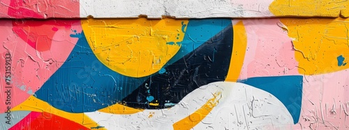 Close-up of an abstract painted mural showcasing a textured blend of pink, yellow, blue, and white with dynamic brush strokes and bold splashes of color.