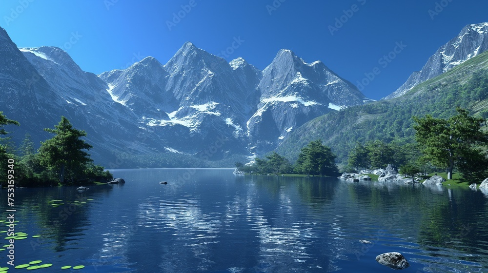 Tranquil lake nestled at the foot of a grand mountain, framed by a cloudless azure sky.