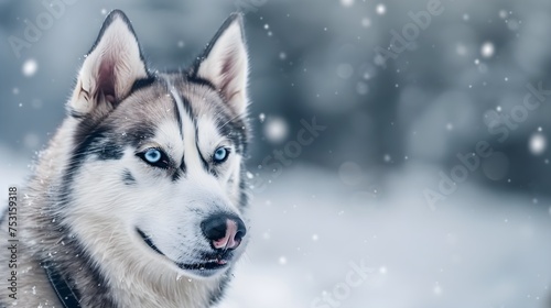 Husky dog portrait, winter snowy background. Funny pet on walking before sled dog training