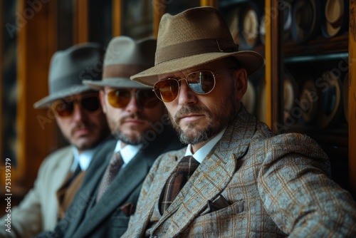 Three stylish men in vintage suits and hats, thoughtful expressions