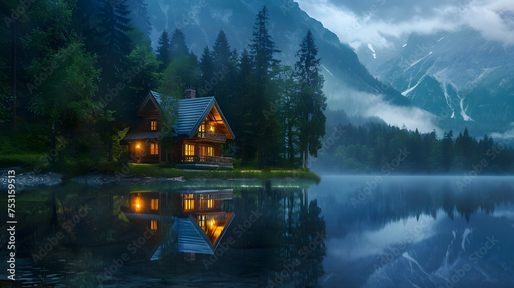 Fototapeta premium Illuminated Wooden house in the forest on a calm reflecting lake with the foggy mountains in the background at dusk 