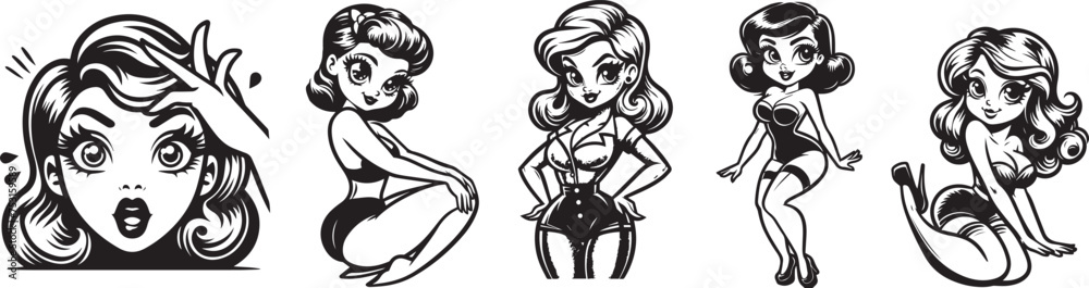 charming pin-up girls with cartoonish large eyes, playful and flirtatious, black vector graphic