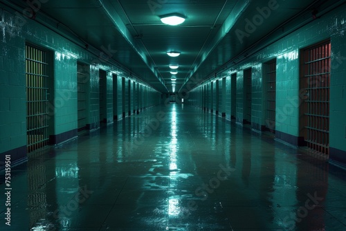 A chilling perspective of a long hallway inside a secure facility with high contrast and reflective floor