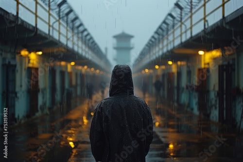 Moody depiction of a solitary figure facing away in a drenched prison yard during a downpour