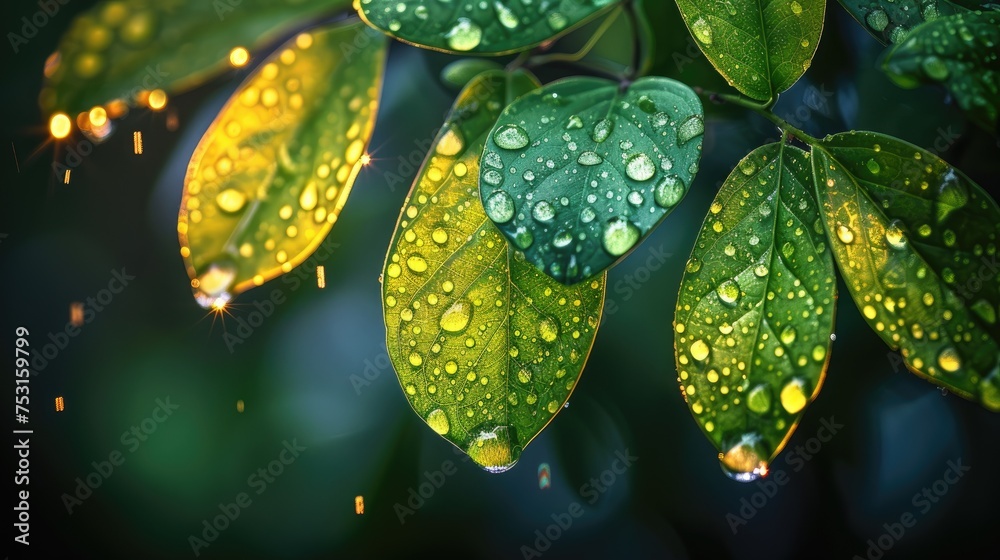 Close-up of fresh green leaves adorned with dew drops, glistening in the warm sunlight. Close-up of fresh green leaves adorned with dew drops, glistening in the warm sunlight.