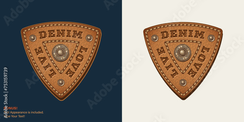 Leather textured triangular label with text, stitching, rivets. Text graphic style is included. Detailed vintage illustration on dark, white background. Design element for denim style