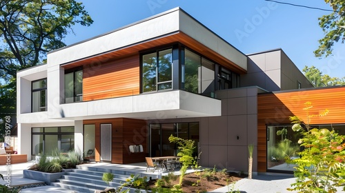 Insulated modern house with stucco, wood cladding, and siding