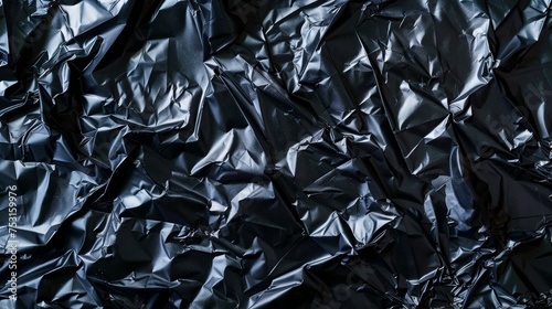 Crinkled black foil texture with reflective highlights. Abstract and industrial concept. Design for background