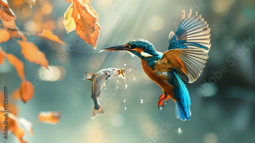 Kingfisher catching fish. Small bird king fisher in fly photo