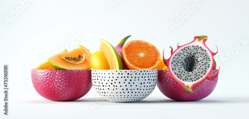 Bowls of exotic fruits like dragon fruit and passionfruit, isolated on a white background. Realistic style, 4K resolution