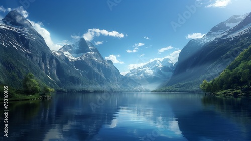 Tranquil lake surrounded by towering mountains, the deep blue sky above capturing the essence of serenity.