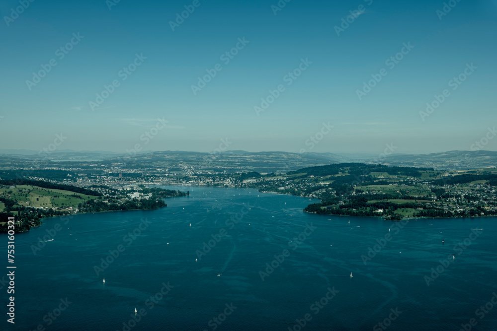 Aerial View over City of Lucerne and Lake Lucerne and Mountain in Lucerne, Switzerland.