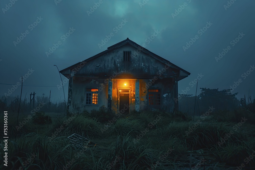 Silhouetted abandoned house at night in minimal style, with blurred dark tones, embodying forgotten narratives.