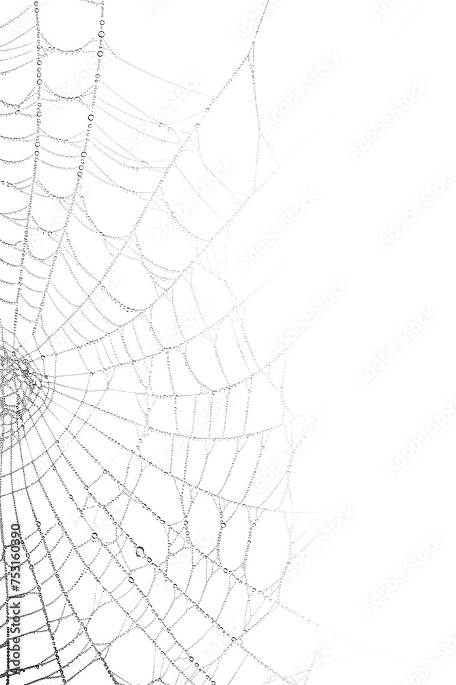 Close-up of a dew-kissed spider web intricately woven, isolated on white background