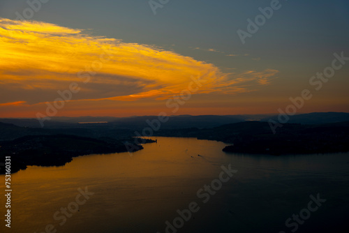 Aerial View over Lake Lucerne and Mountain in Sunset in Lucerne, Switzerland.