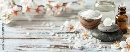 Spa and wellness setup with natural bath salt, massage oils, flowers and zen stones on wooden background