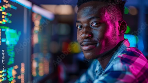 Portrait of a young man with a colorful bokeh background. Concept of technology and modern lifestyle suitable for posters and technology-themed designs