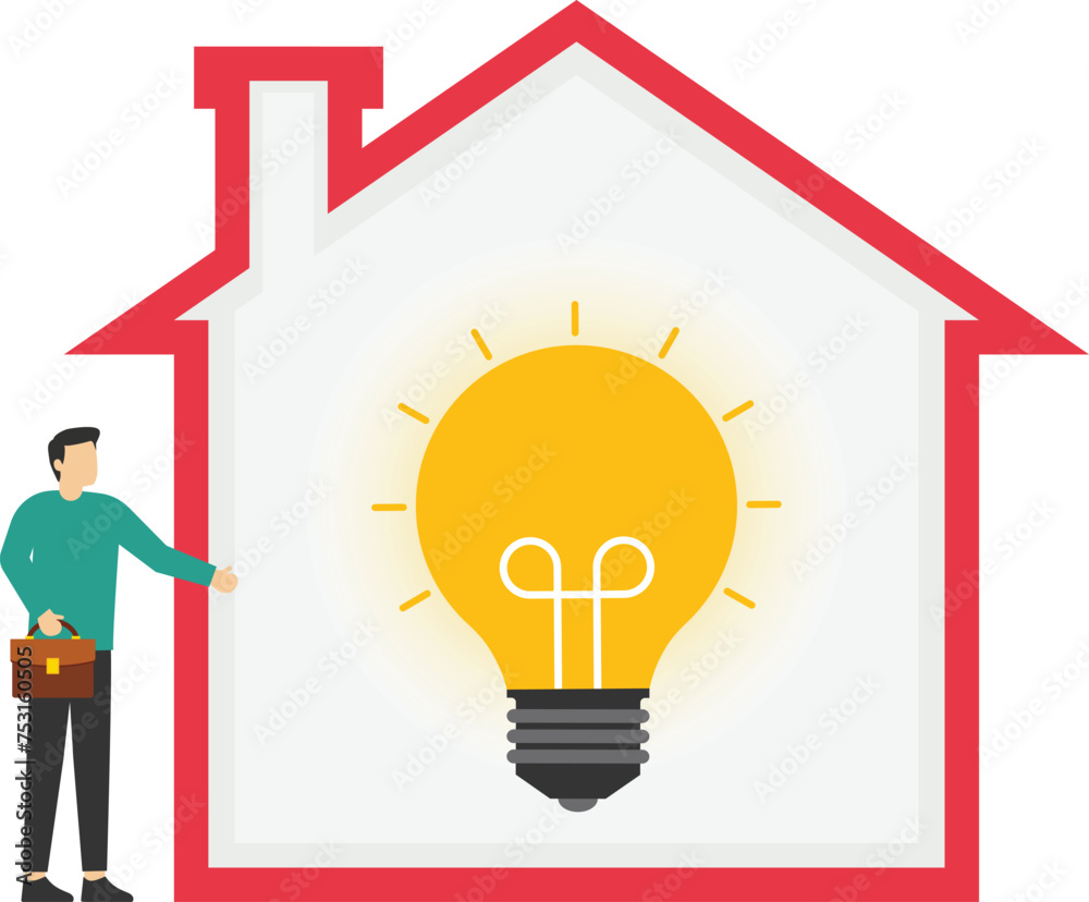 Character using energy efficient lamp. Power save in household and sustainable housing concept. Energy and utilities consumption at home concept. Vector illustration.
Character using energy efficient lamp. Power save in household and sustainable housing concept. Energy and utilities consumption at home concept. Vector illustration.