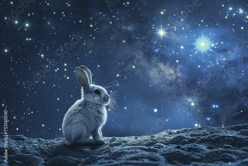 Bunny in a space suit, hopping on a moon-like surface, stars blur in the background. © Kanisorn