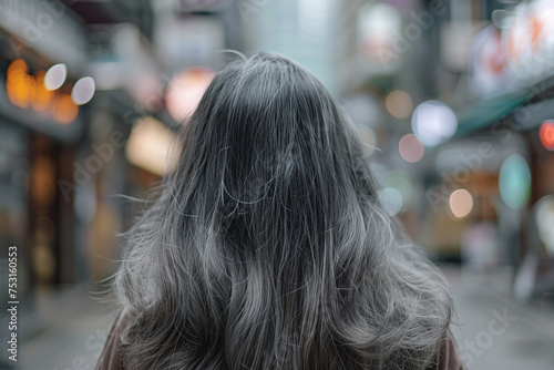 Back view of senior mature middle aged older lady with long gray natural coloring vibrant silky hair. 