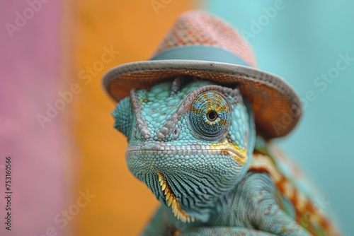 Chameleon in a detective hat, blending into a colorful wall, detective office blur background.